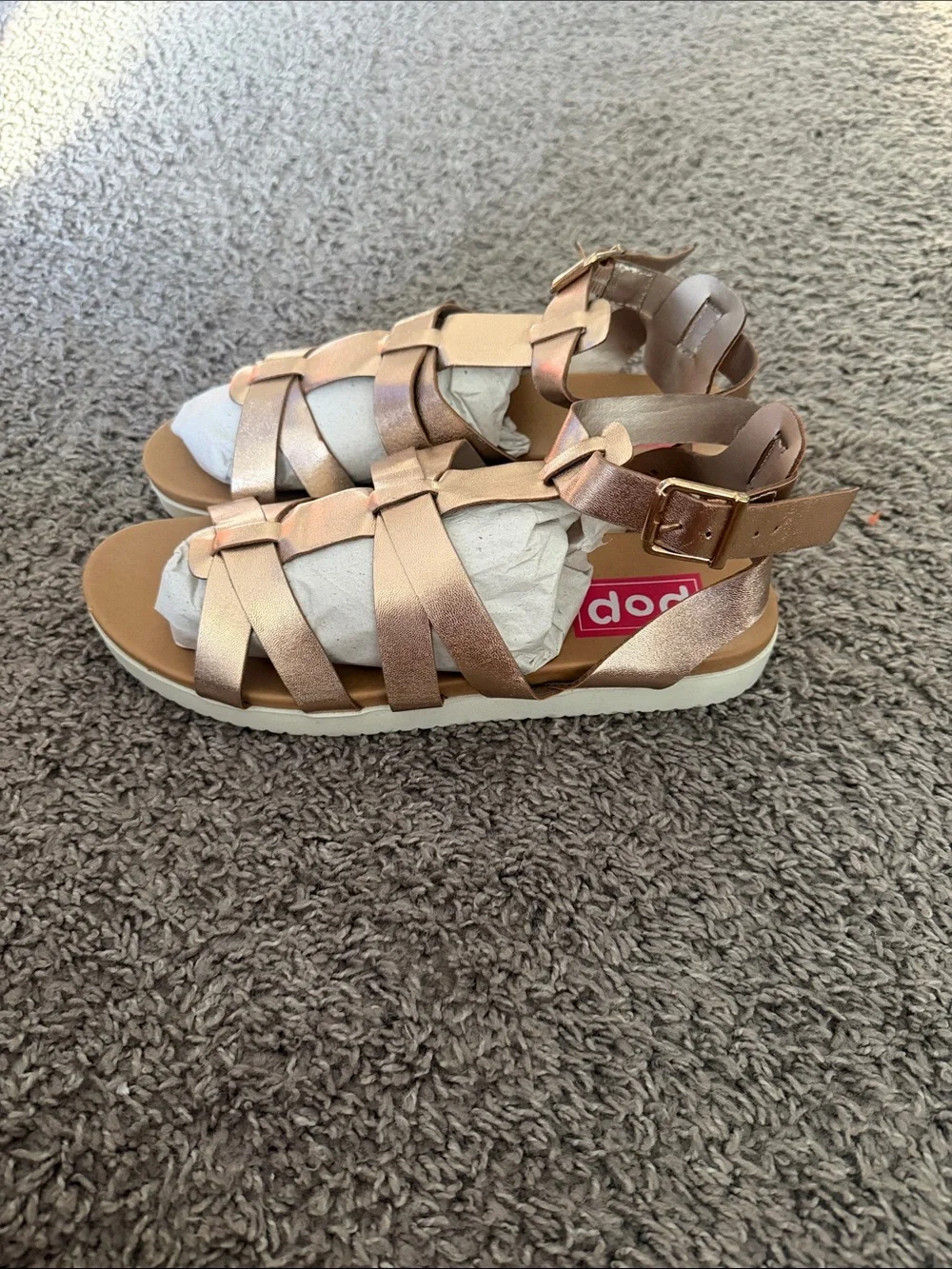Women’s Metallic Rose Gold Gladiator Sandals with Ankle Buckle